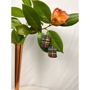 Vintage Multicolor Woven Grid Hoop Earrings Pop Art